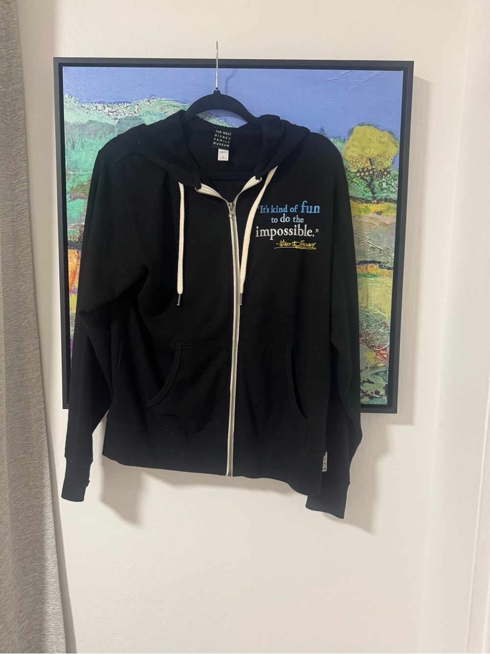 Walt Disney Black Zip Hoodie with White Drawstrings and Quote